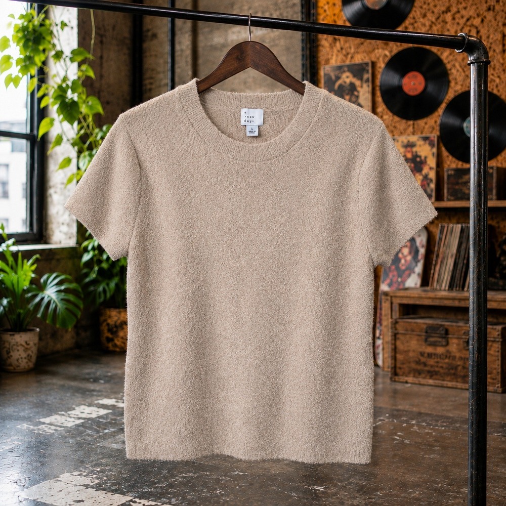 A New Day Short Sleeve Eyelash Knit Sweater Tan Beige Crew Neck Size L